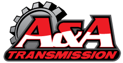 A & A Transmission Logo, Red letters in front of a gear